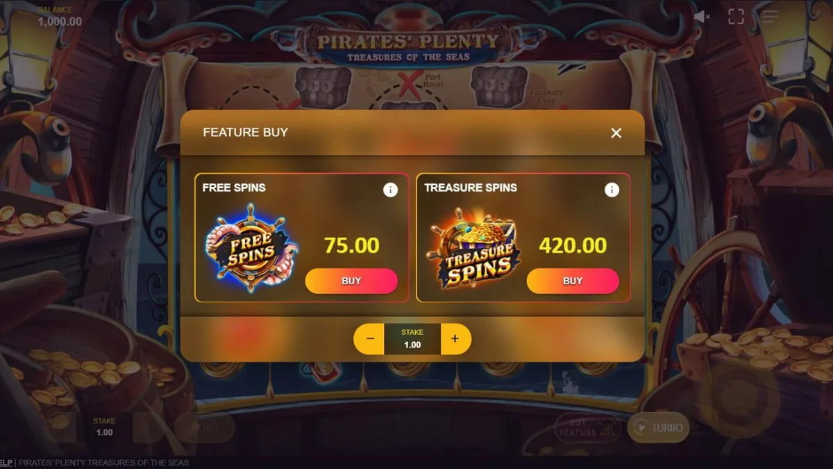 Tela de jogo do slot Pirates’ Plenty: Treasures of the Seas com tema pirata