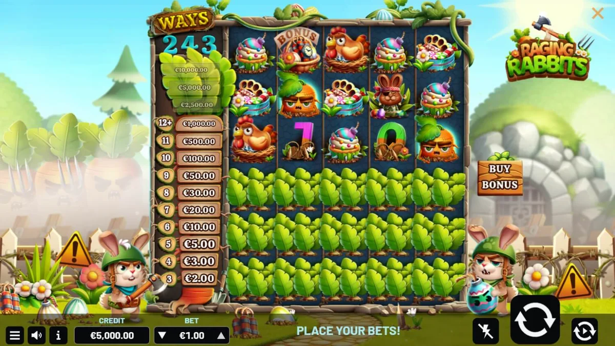 Cena de batalha no slot Raging Rabbits com coelhos cartoon e explosivos
