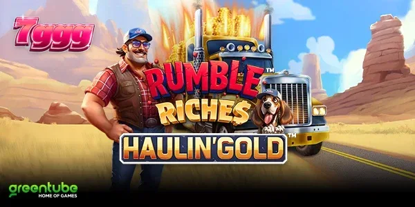 Caminhão temático em uma estrada de terra com elementos visuais do Rumble Riches Haulin Gold